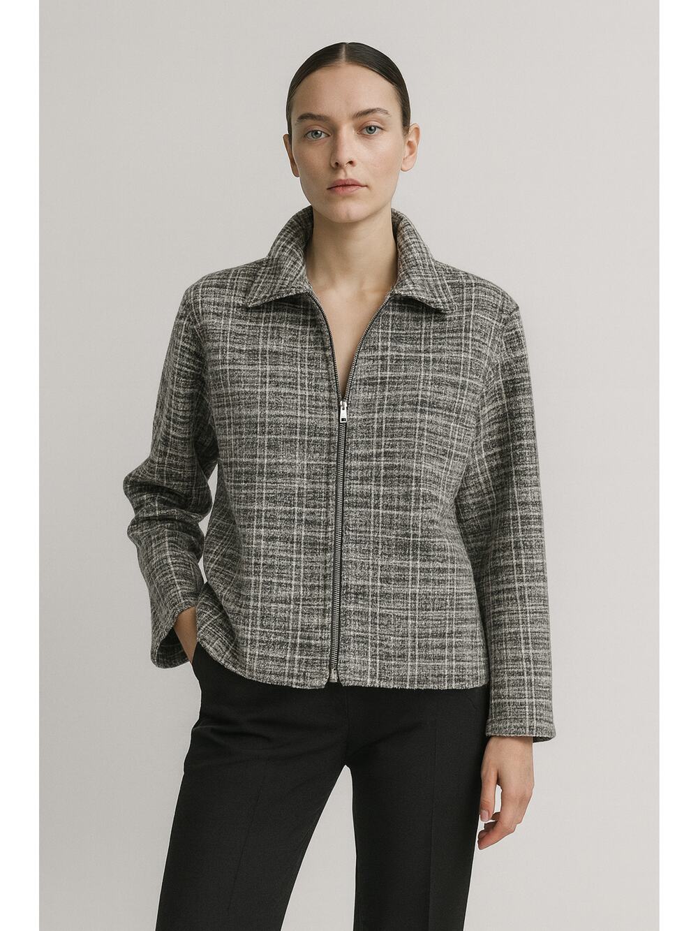 Emily Daniels Womens Black Gray Plaid & Boucle Full Zipper Front Jacket Size XL